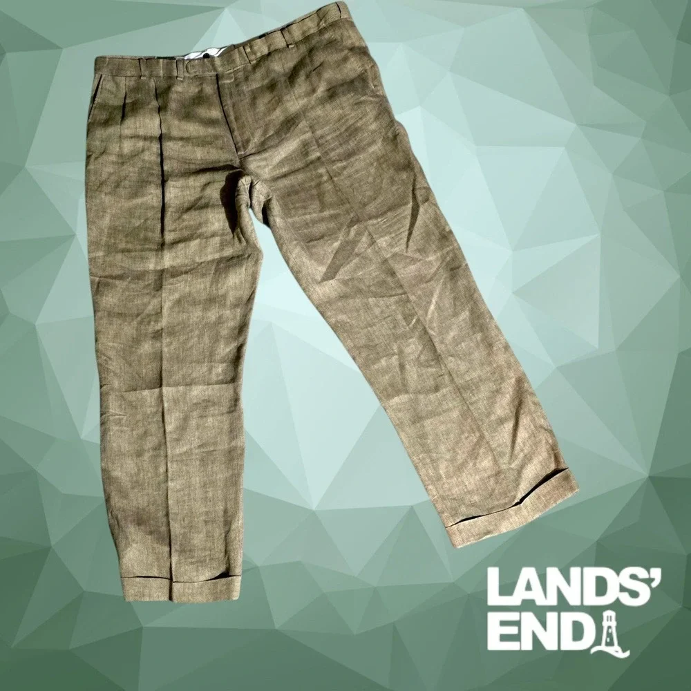 Lands End Mens Traditional Fit Pleated Cuffed Linen Trousers Brown 44